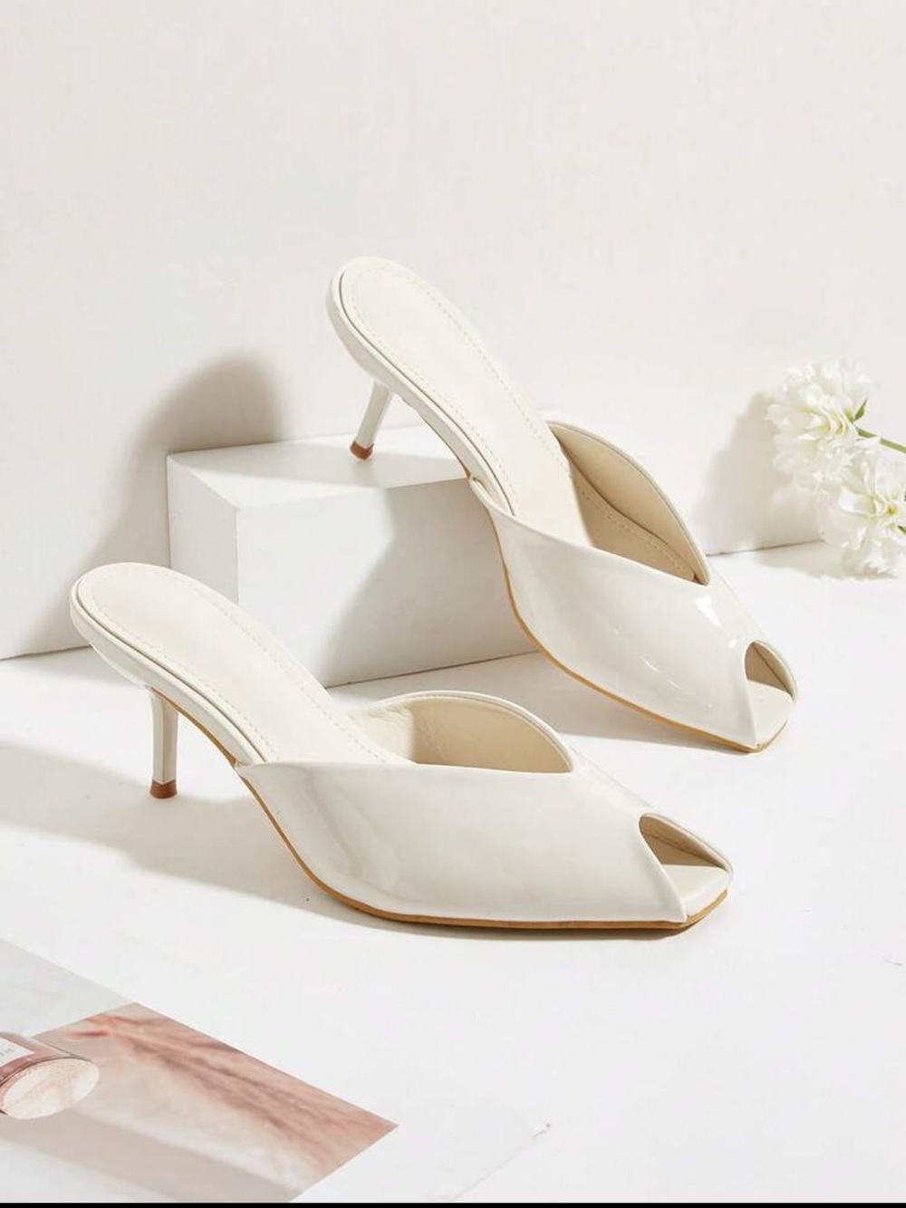White Peep-Toe Kitten Heel Mules